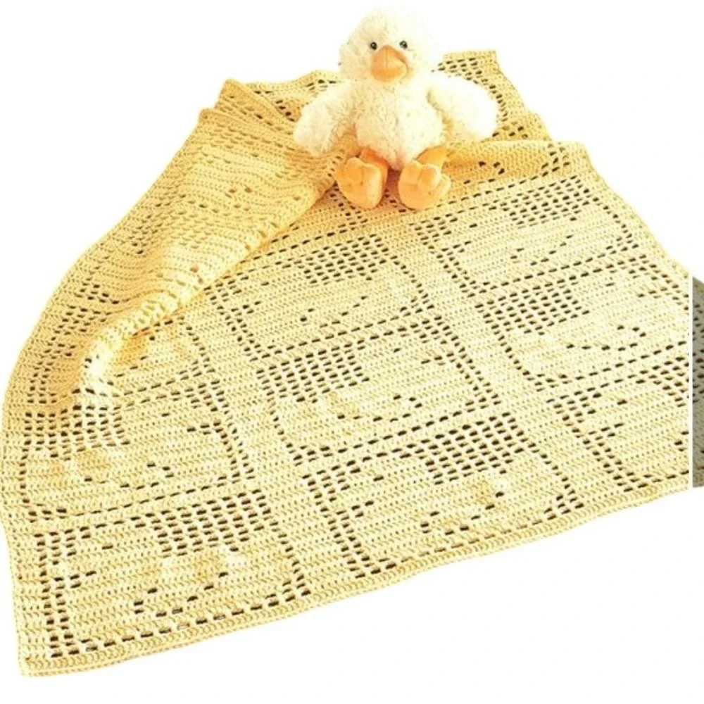 Crochet Duckies Pattern Baby Blanket‎ Yellow Handmade Knit Afghan Nursery Decor